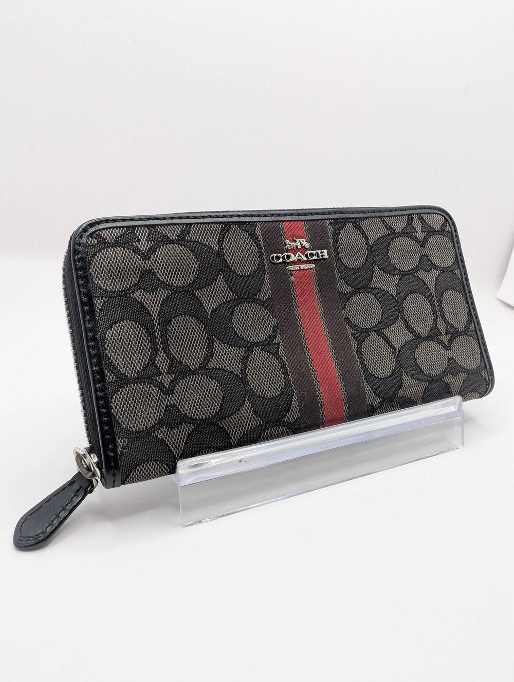 Authentic Coach Signature Varsity Stripe Zip Around Wallet Black Red